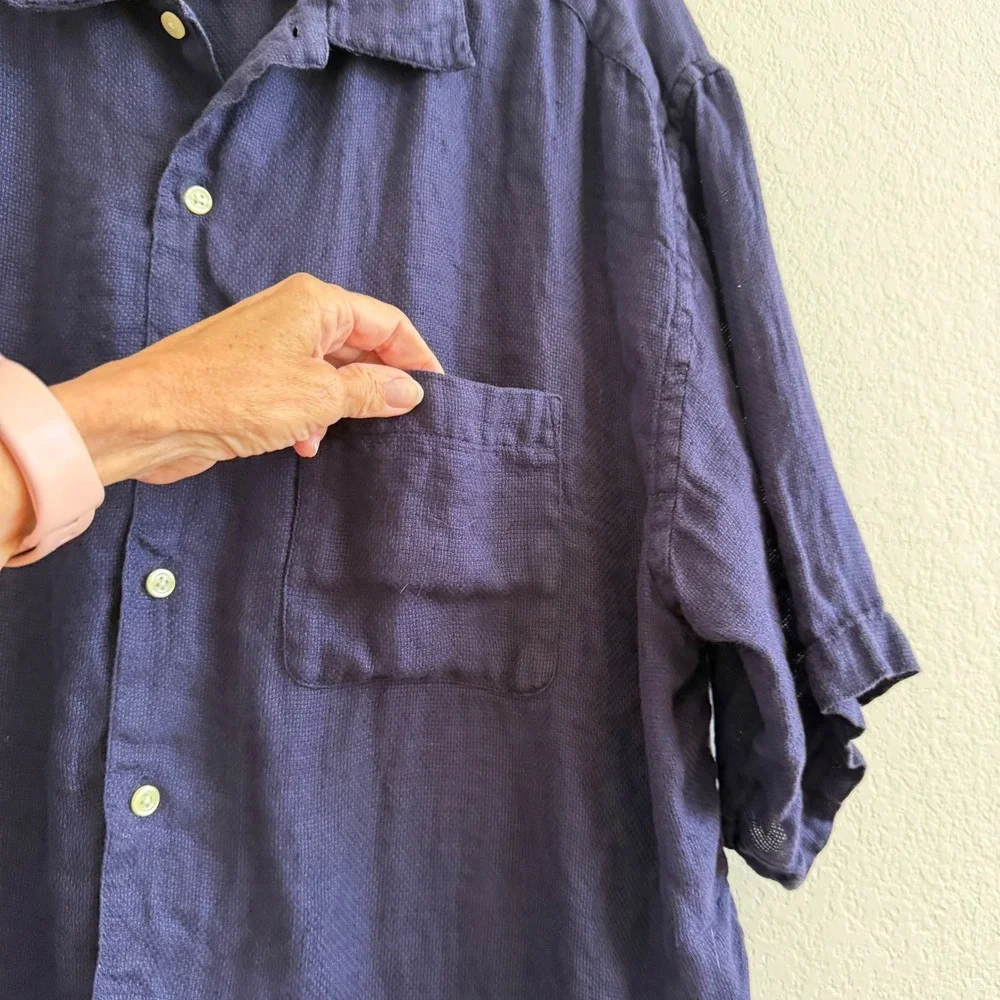 Banana Republic Mens XL Navy Blue‎ 100% Irish Linen Short Sleeve Button Up Shirt